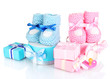 baby boots, pacifier, gifts and blank postcard  isolated