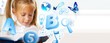 Portrait of a young girl studying. Different icons of lessons