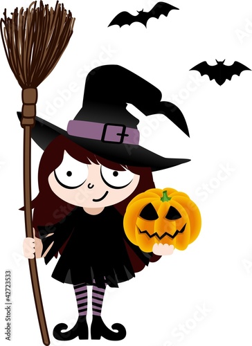 Vektor: Witch with Broom and Pumpkin Witch with Broom and Pumpkin