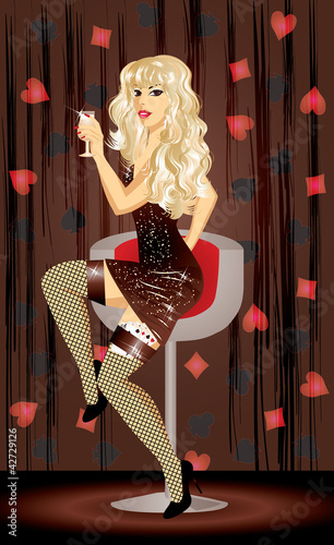 Vektor: Blonde girl with champagne and poker cards, vector Blonde girl with champagne and poker cards, vector