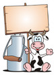 Cow with Board sitting beside Milk Can