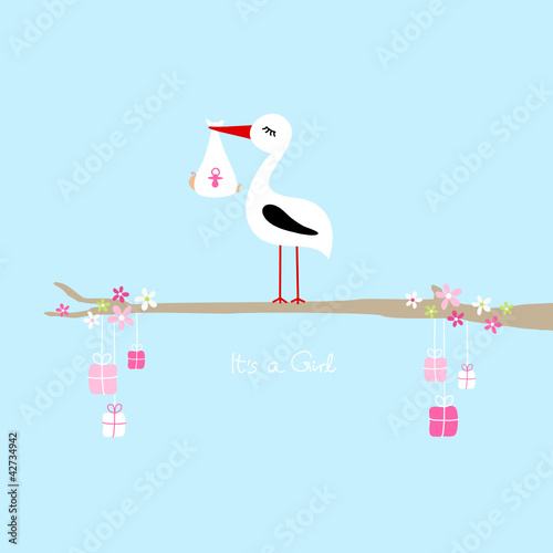 Vektor: Tall Stork With Baby Girl On Tree Gifts "It´s a Girl" Blue Tall Stork With Baby Girl On Tree Gifts "It´s a Girl" Blue