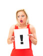 woman with board exclamation point