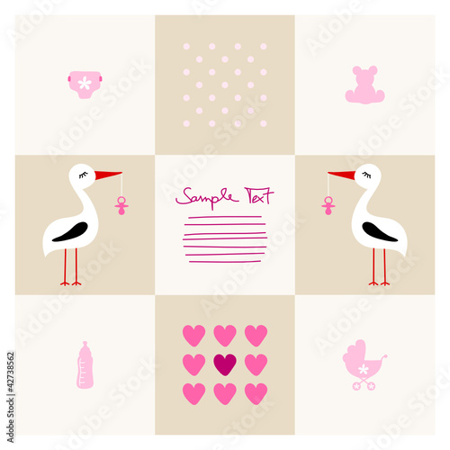 Vektor: Card Tall Stork Pink Pacifier Baby Symbols Girl Beige Card Tall Stork Pink Pacifier Baby Symbols Girl Beige
