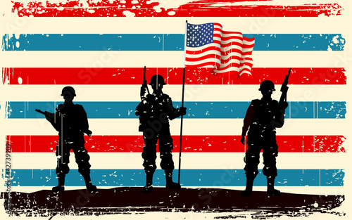 Vector: American soldier standing with American flag American soldier standing with American flag