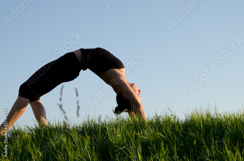 Photo: Yoga woman on green grass. Sky background . Yoga woman on green grass. Sky background .