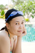 Close up woman swimming in swimming pool.