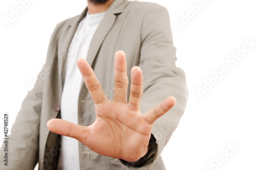 Photo: Businessman pushing on the whiteboard. Businessman pushing on the whiteboard.