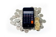 Smart phone with coins on isolate