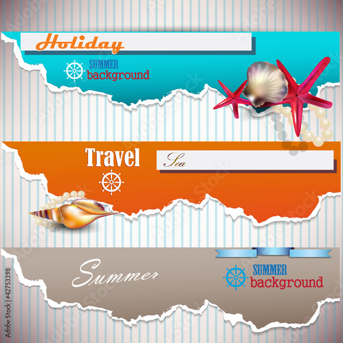 Vector: Set of Holiday banners with shells and place for text. Torn pape Set of Holiday banners with shells and place for text. Torn pape