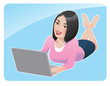 Vector girl lying with laptop