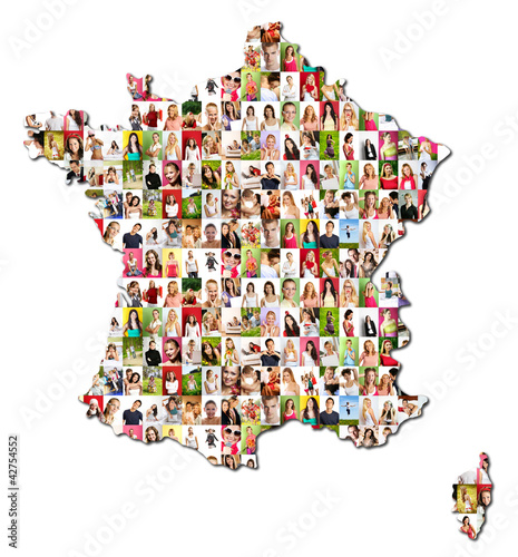Photo: map of france and corsica with a lot of people portraits map of france and corsica with a lot of people portraits