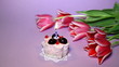 lilac color, Tulips,  candle, sweet cake