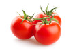 three fresh tomatoes with green leaves isolated on white backgro