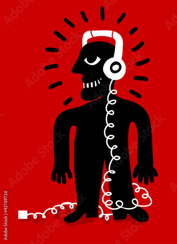 Vector: man listening music with headphones and player man listening music with headphones and player
