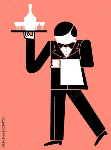 Vector: waiter with tray of drinks and towel in hand waiter with tray of drinks and towel in hand