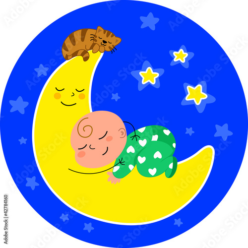 Vector: Dolce bimbo che dorme sulla luna con gatto, vettoriale. Dolce bimbo che dorme sulla luna con gatto, vettoriale.