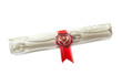 Diploma with red ribbon isolated on white
