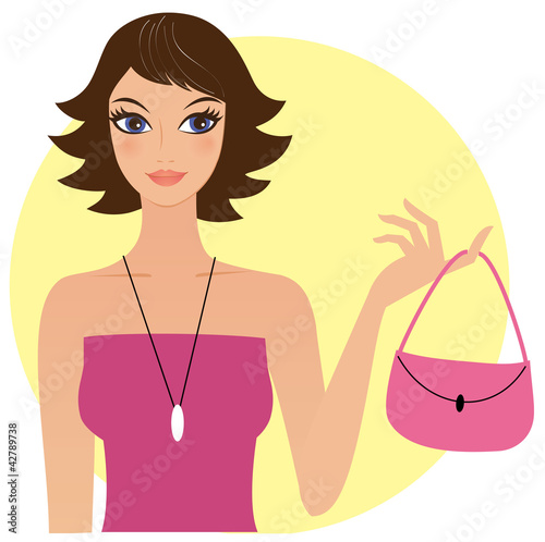 Illustration: Attractive young woman holding pink handbag Attractive young woman holding pink handbag