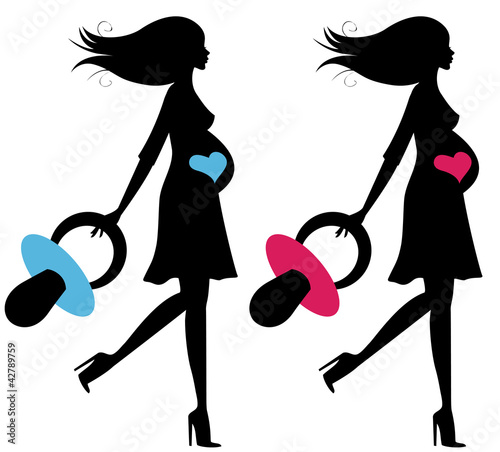 Illustration: Set of two pregnant silhouettes with big pacifiers Set of two pregnant silhouettes with big pacifiers