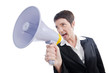 Young business lady screaming to loudspeaker