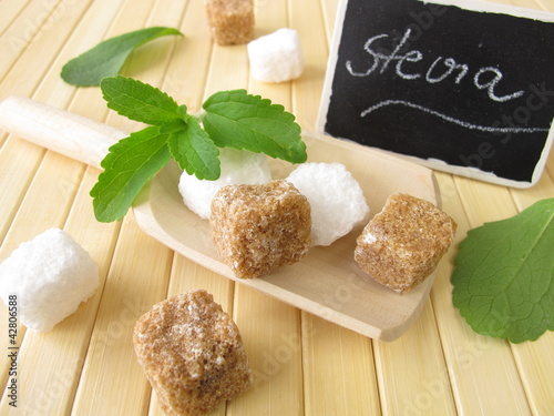 Photo: Rohrzucker und Stevia mit beschrifteter Tafel Rohrzucker und Stevia mit beschrifteter Tafel