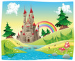 Vector: Panorama with castle. Cartoon and vector illustration. Panorama with castle. Cartoon and vector illustration.