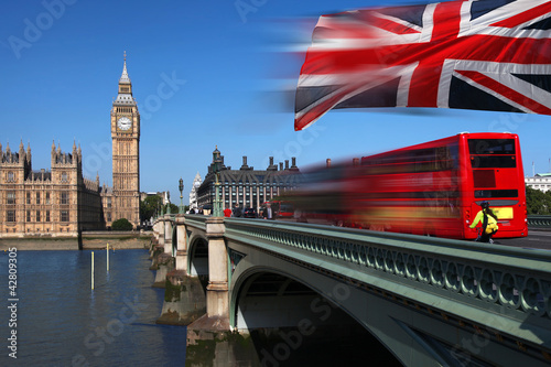 Photo: Big Ben with red city bus in London, UK Big Ben with red city bus in London, UK