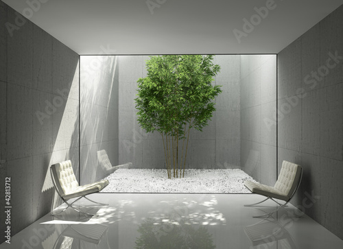 Illustration: White minimal design home , green lounge area atrium White minimal design home , green lounge area atrium