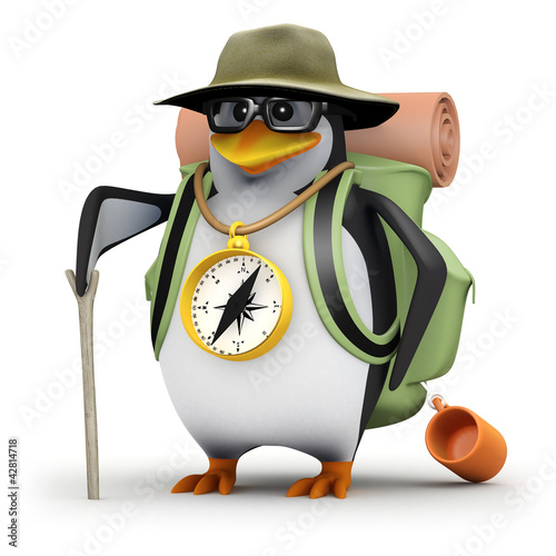 Illustration: 3d Penguin in glasses goes hiking 3d Penguin in glasses goes hiking