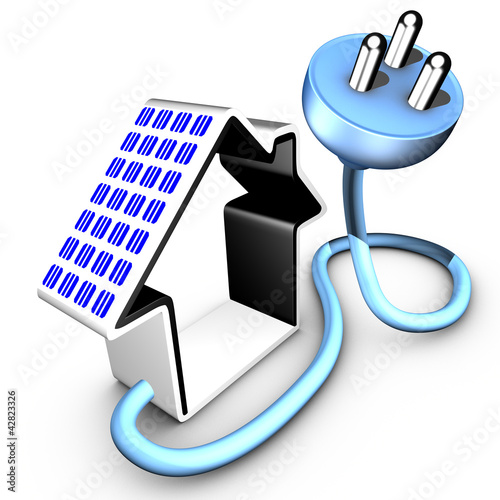 Illustration: Solar panel delivering energy to an electrical plug Solar panel delivering energy to an electrical plug