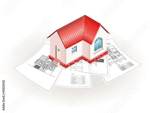 Vector: Conceptual model of small house over the set of drawings Conceptual model of small house over the set of drawings
