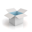 Opened cardboard box with cyan light on white