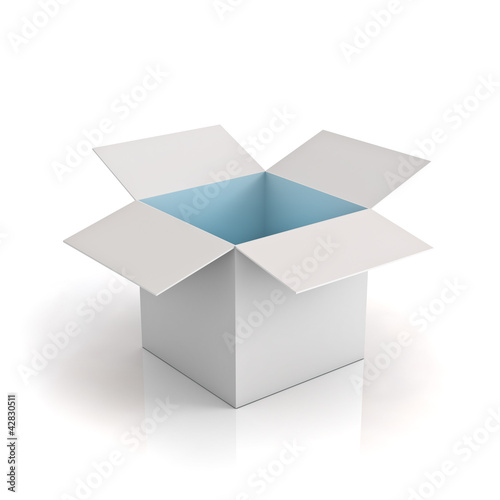 Illustration: Opened cardboard box with cyan light on white Opened cardboard box with cyan light on white