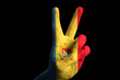 moldova national flag two finger up gesture for victory and winn