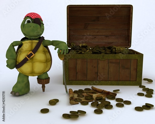 Illustration: tortoise pirate with a treasure chest tortoise pirate with a treasure chest