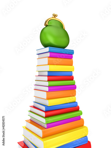 Illustration: Green purse on a colorful books. Green purse on a colorful books.