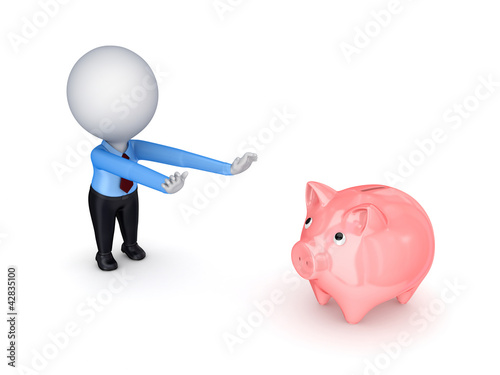 Ilustración: 3d small person pulling hands to piggy bank. 3d small person pulling hands to piggy bank.