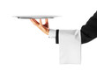 A hand holding a silver tray