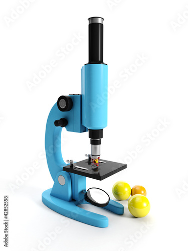 Ilustración: 3d illustration: Microscope and nuclear lattice. Research discov 3d illustration: Microscope and nuclear lattice. Research discov