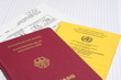 Reisepass mit Impfbuch und Flugticket