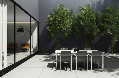 Illustration: Outdoor minimal design home, summer lounge dining yard Outdoor minimal design home, summer lounge dining yard