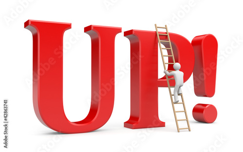 Illustration: Person climb on UP! word. Success metaphor Person climb on UP! word. Success metaphor