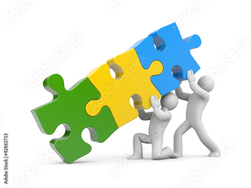 Illustration: 3d people with stack of puzzle 3d people with stack of puzzle