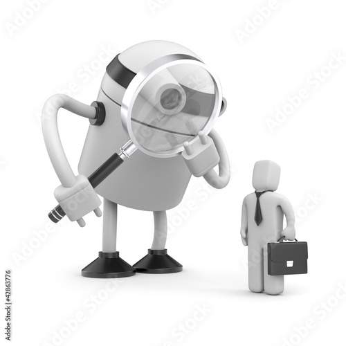 Illustration: Robot with magnifying glass analyzing businessman Robot with magnifying glass analyzing businessman