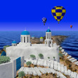 Greece style building with colorful hot air balloons