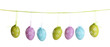 Colorful easter eggs hanging on ribbons isolated on white