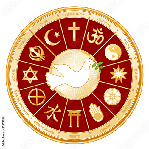 Vector: World Religions Mandala, Dove of Peace, Labels World Religions Mandala, Dove of Peace, Labels