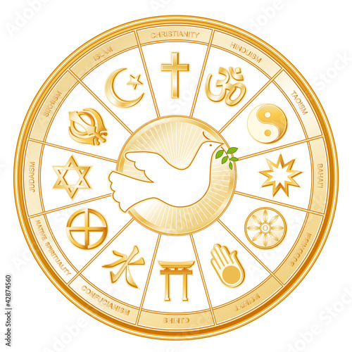 Vector: World Religions Mandala, Dove of Peace, Labels World Religions Mandala, Dove of Peace, Labels