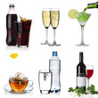 Collage with cola, cocktail, water, tea, champagne, wine